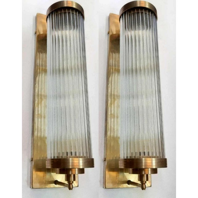 Pair Vintage 1940s Art Deco Brass & Glass Rod Fixture Ship Light Wall Sconces For Sale - Image 6 of 6
