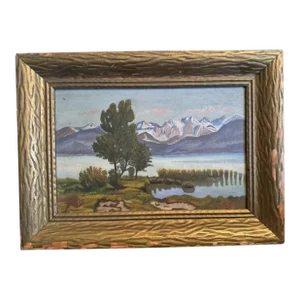 Early 20th Century Vintage Arts & Crafts Style Gilt Framed Landscape Oil Painting on Artists Board