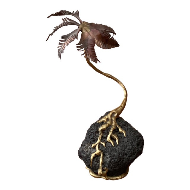 Vintage Copper and Brass Palm Tree Sculpture Mounted on Lava Rock Base For Sale