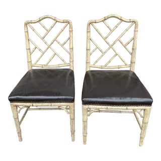 Pair of Faux Bamboo Chinoiserie Side Chairs For Sale