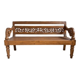Vintage Balinese Carved Teak Boho Bench For Sale