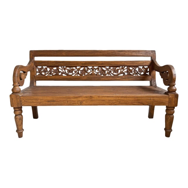 Vintage Balinese Carved Teak Boho Bench For Sale