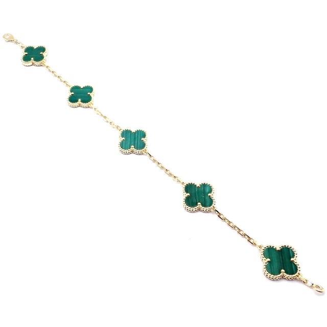 Metal Van Cleef & Arpels Gold 5 Motif Malachite Alhambra Bracelet Cert. For Sale - Image 7 of 13