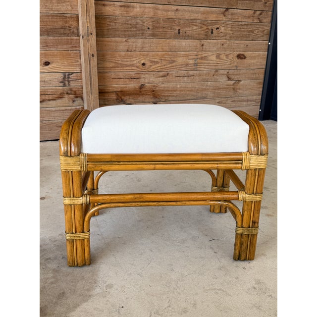 Contemporary Vintage Coastal Rattan Ottoman With Custom Sunbrella Cushion For Sale - Image 3 of 10