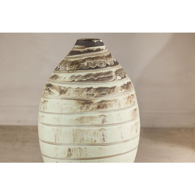 Mid-Century Modern Large Artisan Cream Glazed Ceramic Vase with Brown Striated Bands For Sale - Image 3 of 17