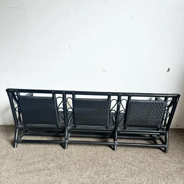 Black Boho Chic Black Wicker Rattan Sofa With Tan Red and Black Cushions For Sale - Image 8 of 9