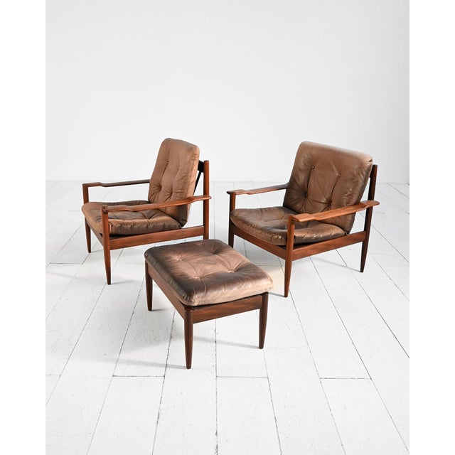 Scandinavian Leather Armchairs with Ottoman, 1960s, Set of 3 For Sale - Image 3 of 15