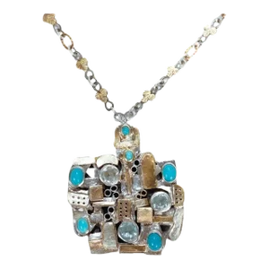 Vintage Signed Modernist 1970's Gold, Silver, & Gemstone Necklace/Brooch by Resia Schor