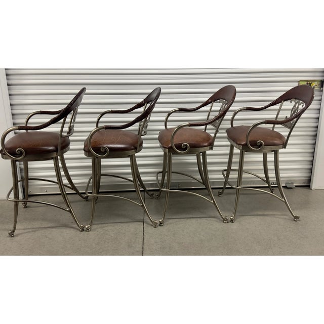Rustic Chrome Swivel Seat Leather Wrapped & Hand-Forged Iron Rustic Modern Counter Height Bar Stools- Set of 4 For Sale - Image 3 of 12