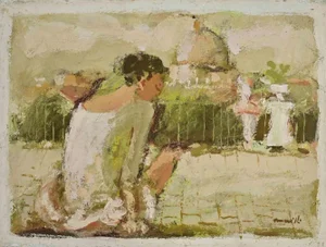 Franco Marzilli, Ballerina with View of Rome, Oil Painting, 1970s