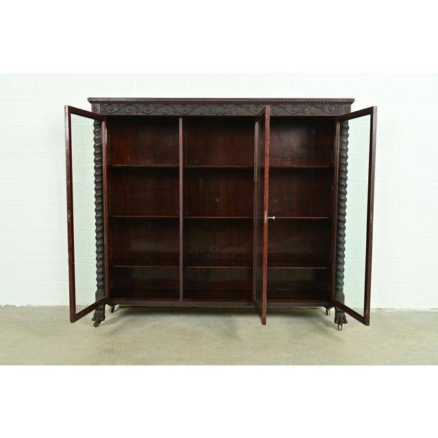 Late 19th Century R. J. Horner Style American Empire Carved Mahogany Triple Bookcase With Lion Paw Feet, Circa 1890s For Sale - Image 5 of 13