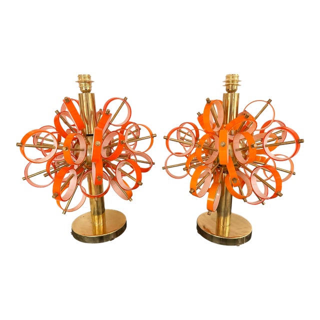 Contemporary Pair of Brass Sputnik Rings Murano Glass Lamps , Italy For Sale