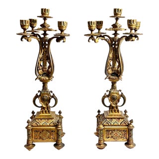 Pair of 19th Century French Gilt Bronze Champlevé Candelabras For Sale