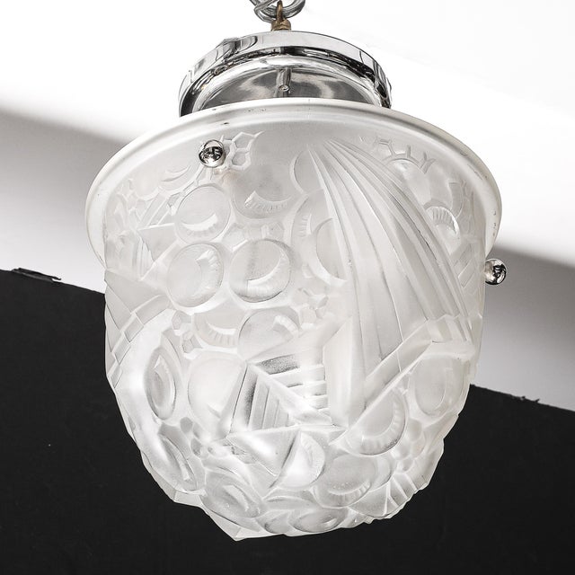 Off-white Art Deco Molded & Frosted Glass Pendant W/ Cubist Detailing by Muller Freres For Sale - Image 8 of 16