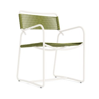Brown Jordan Walter Lamb Aluminum Arm Chair in Chalk with Pistachio Strapping For Sale