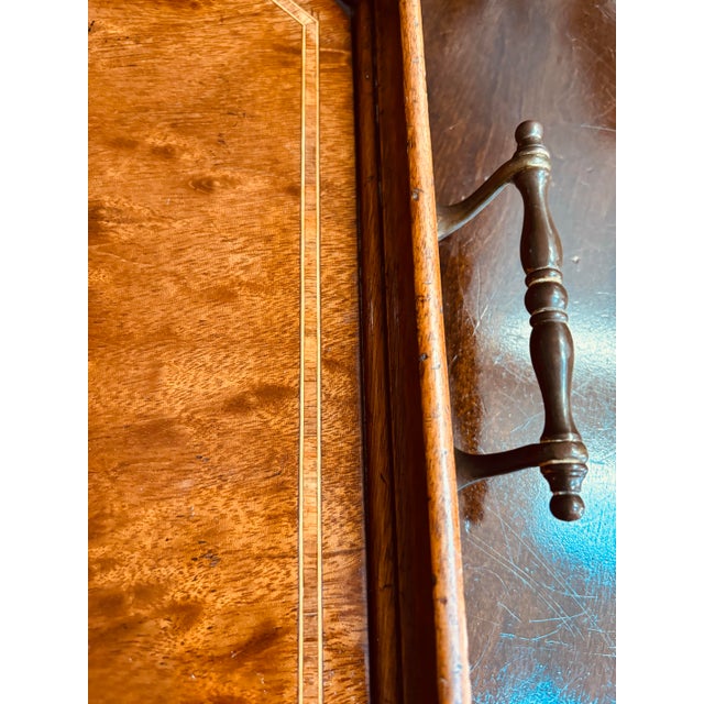 Chestnut Gorgeous 1900’s Antique Serving Tray, English, Mahogany With Hand Painted Design at Center. 20”x13.5” Brass Handles For Sale - Image 8 of 12