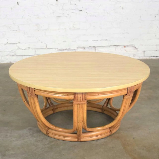 Vintage Coastal Style Coffee or End Table Round Rattan Drum Shape With Laminate Top For Sale - Image 11 of 11