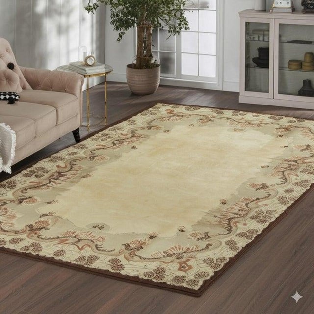 Contemporary 9x12 Ivory Hand-Knotted Wool Floral Border Solid Open Field Modern Carpet Rug For Sale - Image 3 of 6