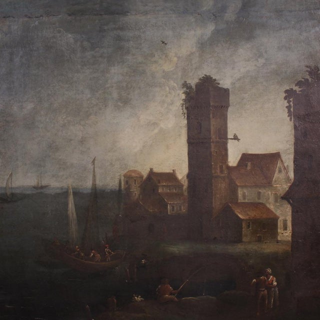 Antique French painting from the late 18th century. Oil on canvas artwork depicting a seascape, a view of a harbor, with...