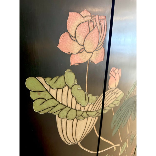 Mid 20th Century Vintage Chinese Carved Lacquer Folding Screen, 73" H, Lotus & Mandarin Ducks For Sale - Image 5 of 9