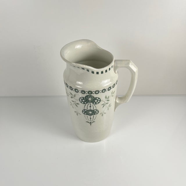 Antique Earthenware Pitcher with Green Floral Decoration, 1890s For Sale - Image 5 of 11