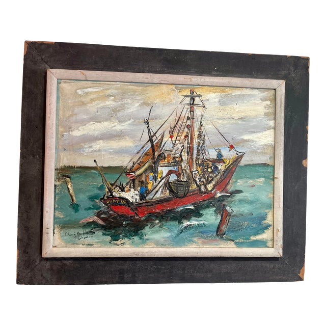 1950s Mid Century Acrylic on Board Painting of a Boat at Sea For Sale