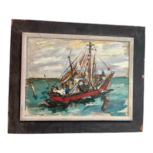 1950s Mid Century Acrylic on Board Painting of a Boat at Sea