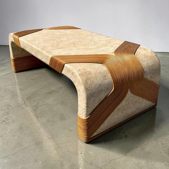 Modern Modern Tessellated Marble & Pencil Bamboo Waterfall Style Coffee Table For Sale - Image 3 of 7