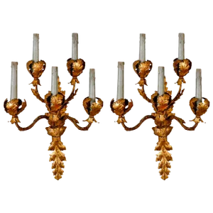 Tall Five-Light Gilt Metal Leaf Form Sconces - a Pair