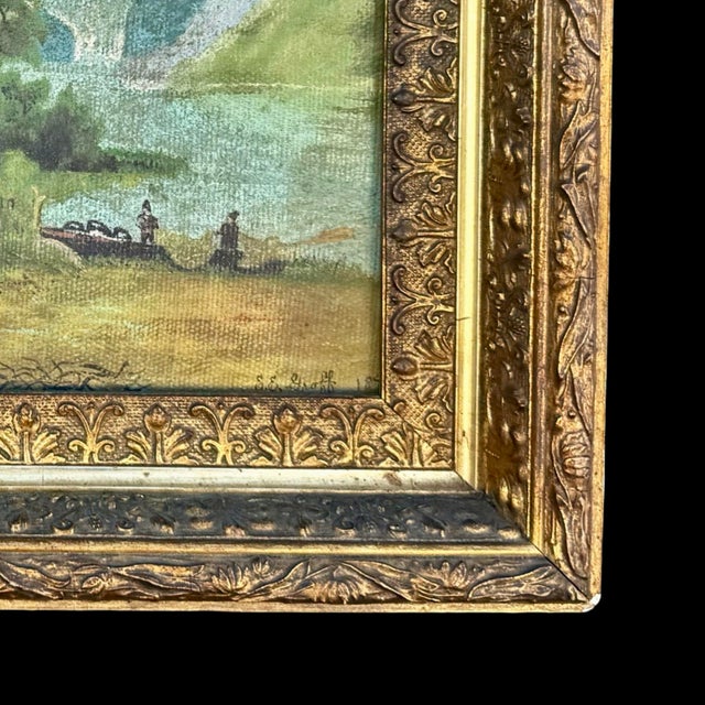 Wood Antique Early American S. E. Groff Landscape Oil Painting of Mountain Cabin Scene W/ Original Gold Frame For Sale - Image 7 of 10