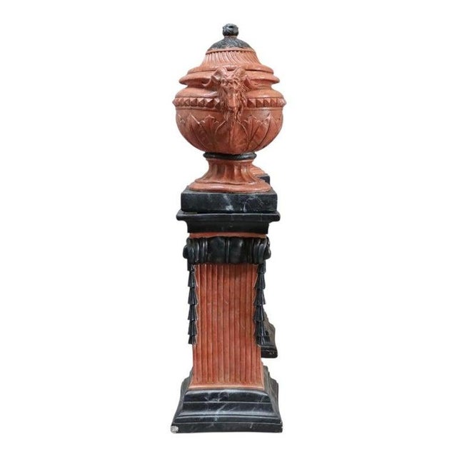 Pair Neoclassical Figural & Foliate Terra Cotta Garden Urns & Pedestals For Sale - Image 10 of 12