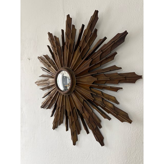 Beautiful big French wood gold starburst. Amazing patina. Convex mirror in center, measuring 3.5 inches. Free priority UPS...