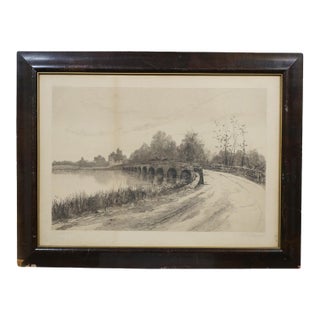 Antique Louis Kinney Harlow Signed Stone Bridge River Landscape Etching 27" For Sale