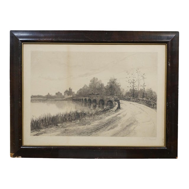 Antique Louis Kinney Harlow Signed Stone Bridge River Landscape Etching 27" For Sale