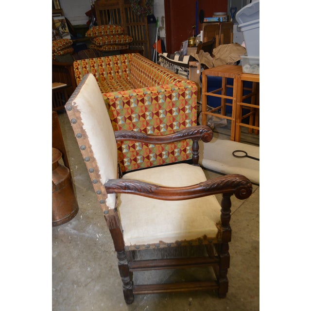 1920s Antique Carved Wood Arm / Throne Chair Straw / Hair Stuffed W/ Metal Rivets For Sale - Image 5 of 17