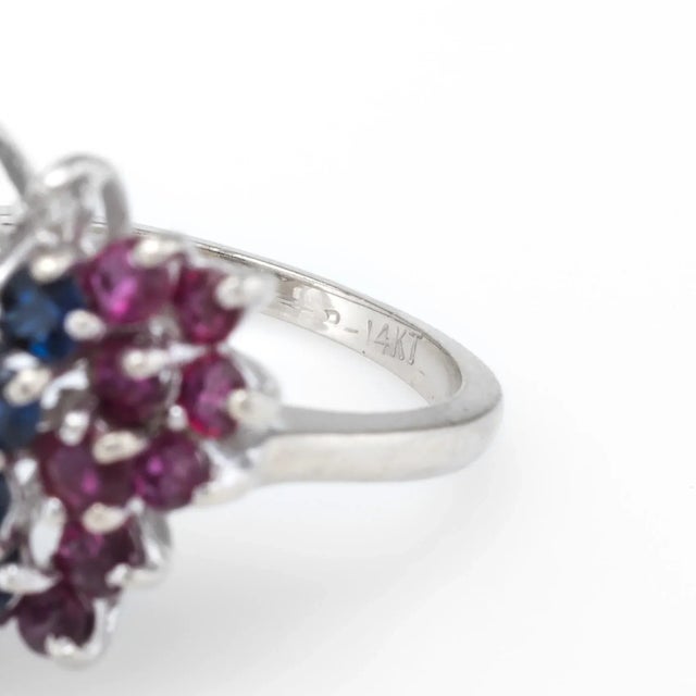 Gemstone Butterfly Ring Vintage Diamond Ruby Sapphire 14 Karat White Gold Estate size 6 For Sale - Image 4 of 4