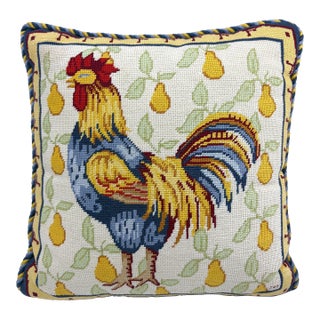 Vintage Yellow and Blue Rooster Country Needlepoint Pillow For Sale