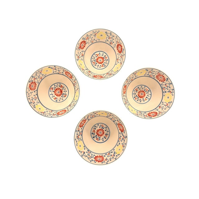 Modern Set of 4 Handcrafted Bat Trang Vietnamese Ceramic Pho or Ramen Bowls With Floral Motifs For Sale - Image 3 of 12