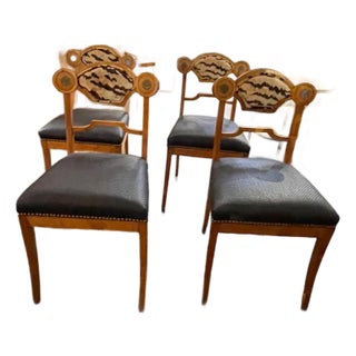 Set of 4 Biedermeier Walnut Side Chairs W/ Scalamandre and Leather Upholstery. For Sale