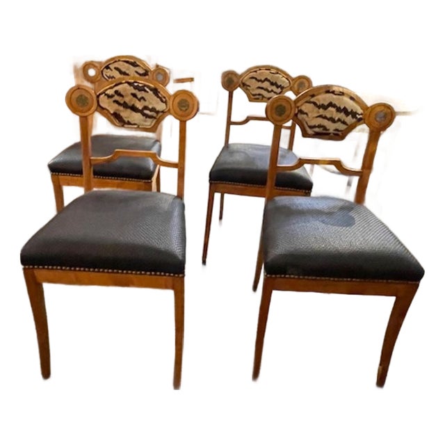 Set of 4 Biedermeier Walnut Side Chairs W/ Scalamandre and Leather Upholstery. For Sale