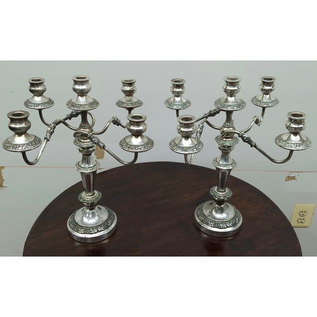 Traditional Pair 19th Century Silver Plate 5-Light Candelabra Convertible Candle Holders For Sale - Image 3 of 10