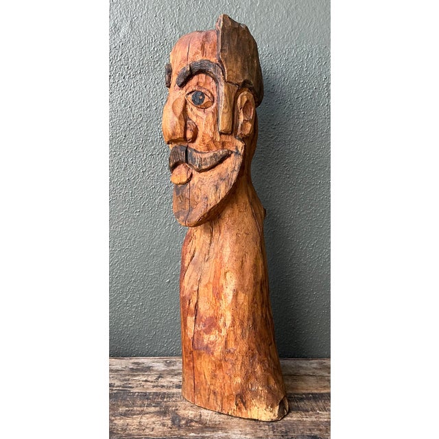 Rustic Vintage Hand Carved Man With Mustache For Sale - Image 3 of 12