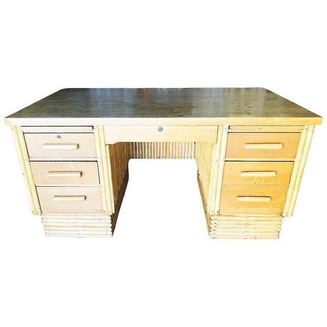 This beautifully restored one of one bespoke Art Deco–inspired coastal rattan desk. This very large stacked rattan desk...