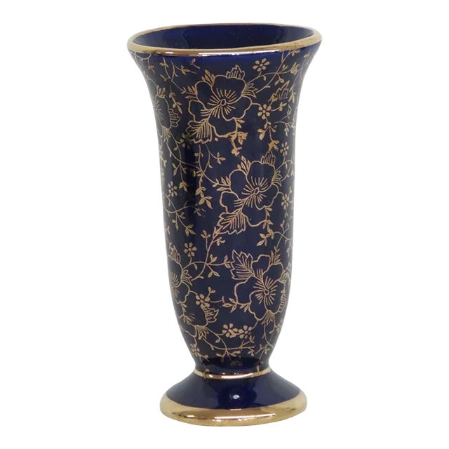 Bavaria Germany Glass Small Cobalt Blue and Gold Floral Design Bud Vase For Sale