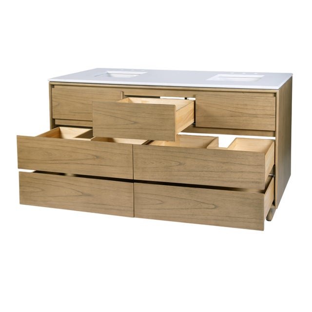 Wood Halmstad 72 in. W Rectangular Wood Double Sink 5 Drawer Bathroom Vanity Set, Blonde Oak For Sale - Image 7 of 11