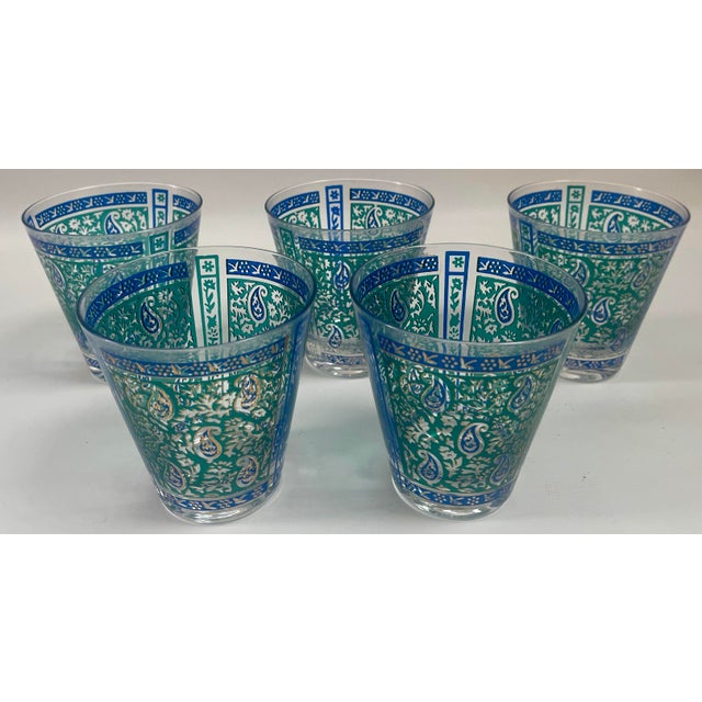 Set of 5 vintage midcentury Georges Briard gilt glasses decorated in gorgeous green paisley with blue border.