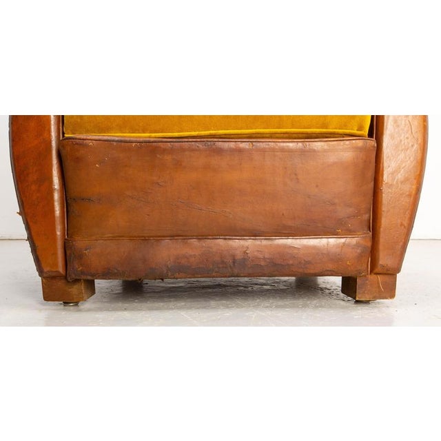Antique French Club Armchair Fauteuil Cognac Leather and Fabric, 1930, Set of 2 For Sale - Image 12 of 16
