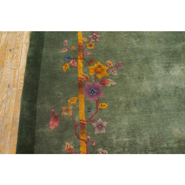 1920s Green Floral Bamboo Antique Chinese Art Deco Carpet 7' 10'' X 9' 7'' Knotted Wool Rug For Sale - Image 9 of 11