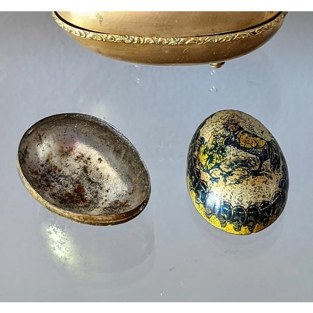 1940s Brass Egg Trinket Box Trimmed With Ormolu Painted Egg Inside For Sale In San Diego - Image 6 of 11
