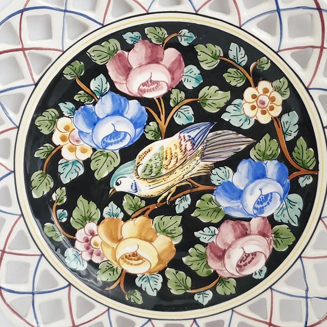 Bordallo Pinheiro Porcelain Hand Painted Porcelain Wall Plate With Flowers & Bird, 1973, Signed For Sale - Image 4 of 10